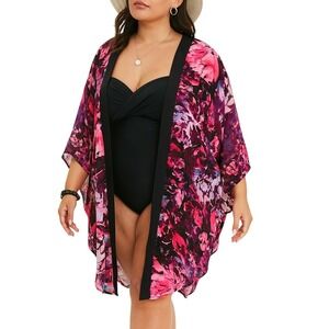 Catalina Floral Print Kimono Open Front‎ Swimsuit Cover Up Size XL Pink Black